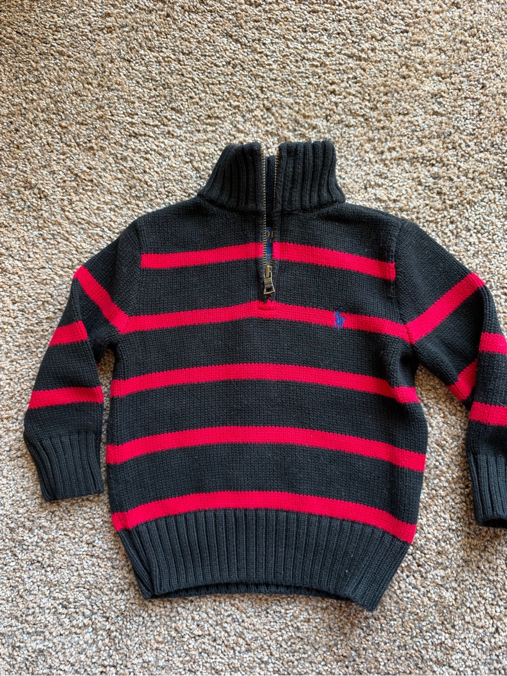 POLO RALPH LAYREN Black and Red Striped Half-Zip Sweater